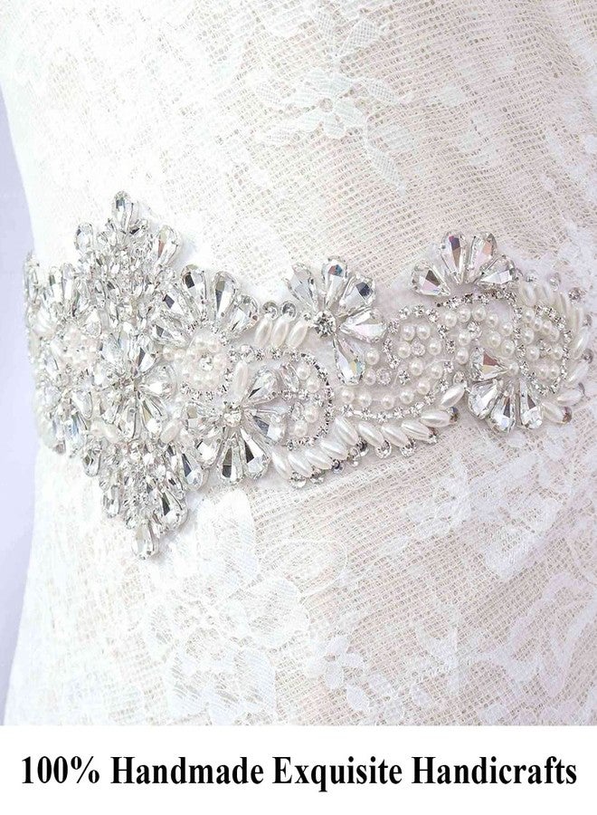 Pardecor Belt with Rhinestone Bridal Wedding Dress Belt Silver Crystal Rhinestone Pearl Belts Beaded Women's sash for Bridesmaid Gowns - Image 2